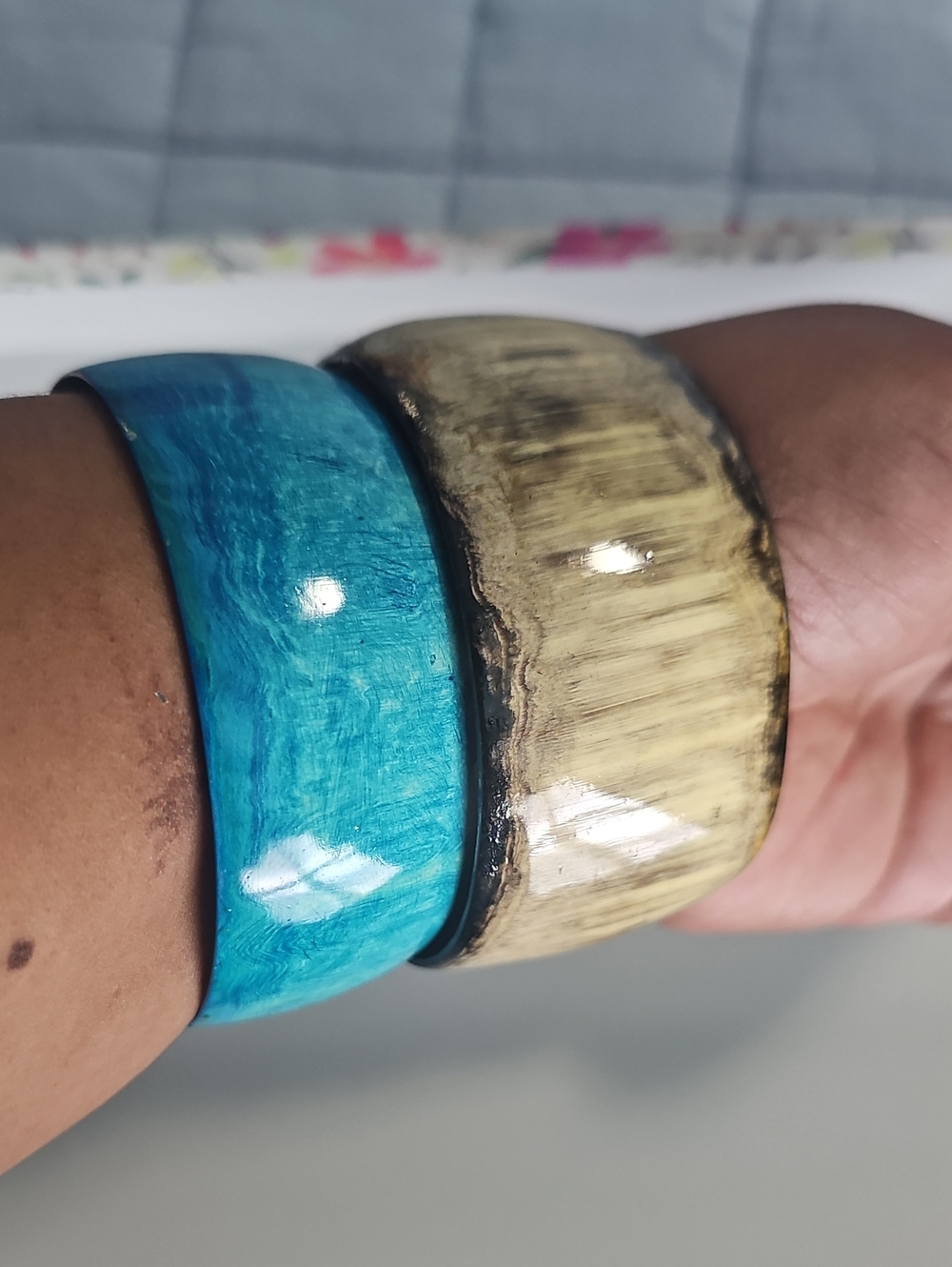 Handmade Blue and Beige Resin Wood-Effect Bangle Set Of 2
